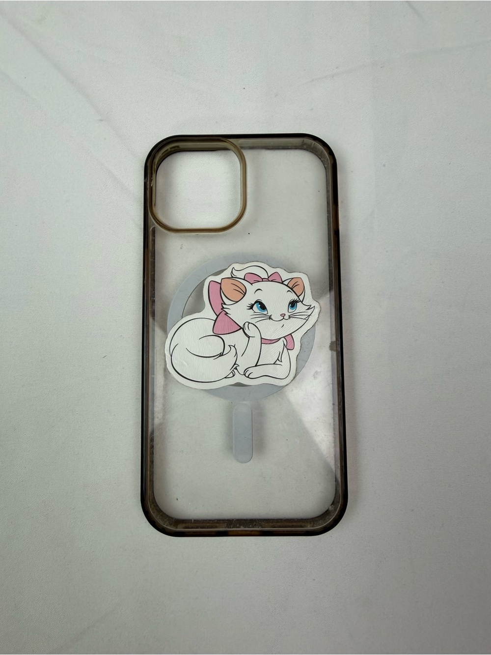 Clear Black Trim iPhone 15 Case with White & Pink Cat Graphic
